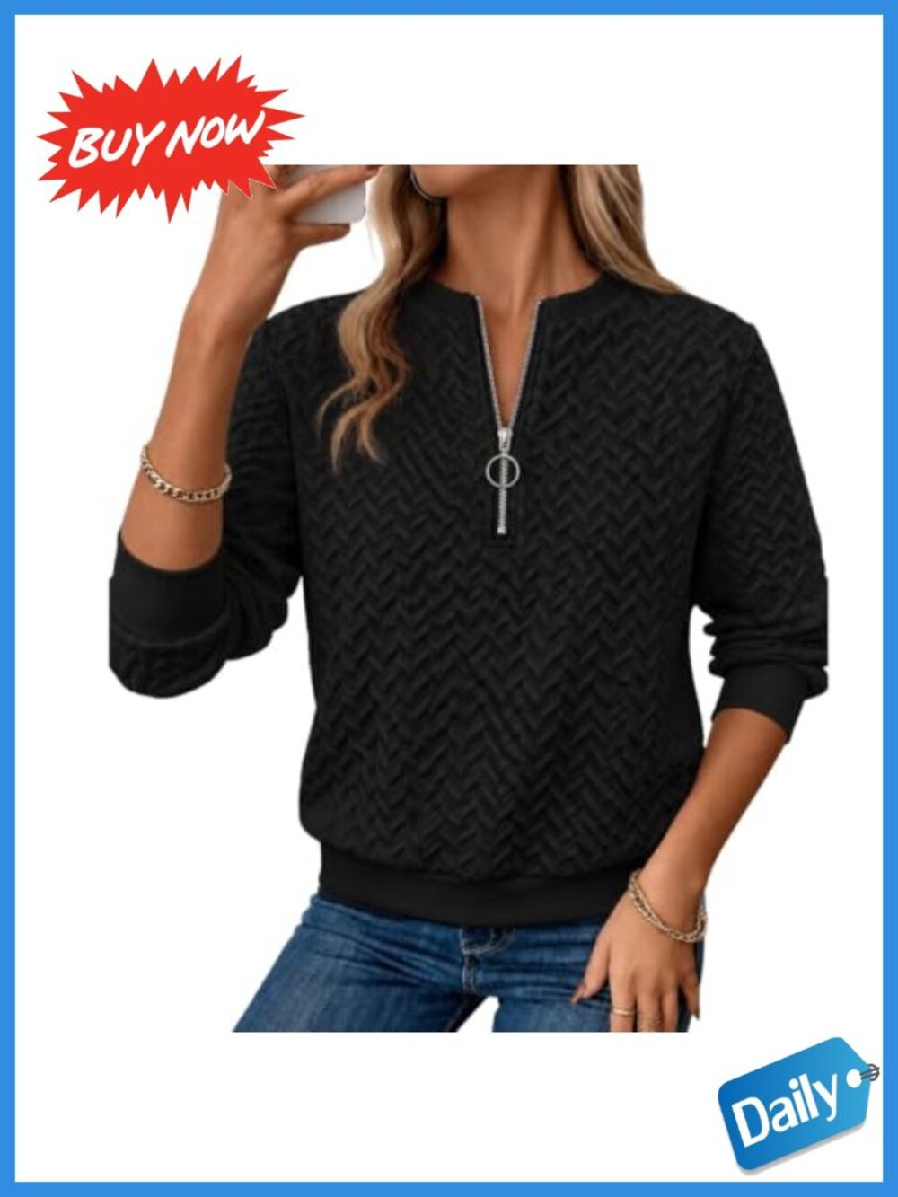 Womens Quarter Zip Pullover Textured Sweatshirt Long Sleeve Top